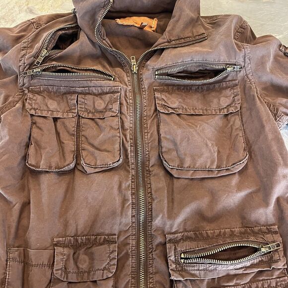 Twill 22 Twenty Two Jacket Womens L Brown Bomber Draw Strings Pockets Hood Y2K - Picture 5 of 12
